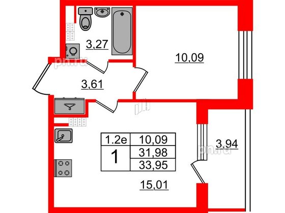 Квартира в ЖК «Парадный ансамбль», 1 комнатная, 31.98 м², 5 этаж