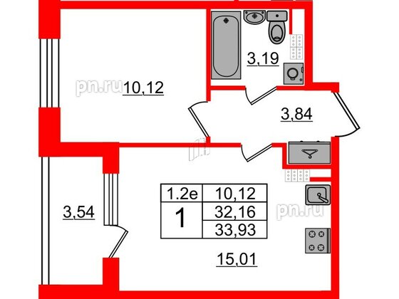 Квартира в ЖК 'Парадный ансамбль', 1 комнатная, 32.16 м², 5 этаж