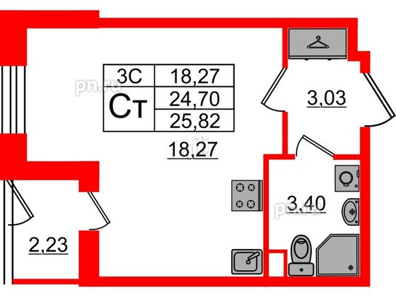 Квартира в ЖК «Парадный ансамбль», студия, 24.7 м², 1 этаж