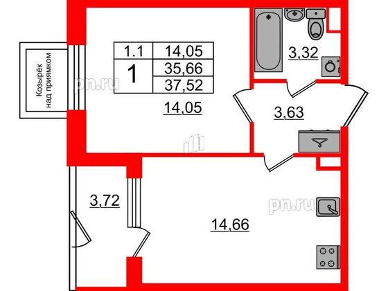 Квартира в ЖК «Парадный ансамбль», 1 комнатная, 35.66 м², 1 этаж