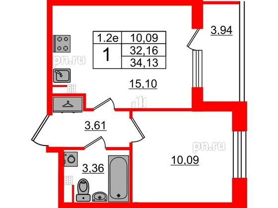 Квартира в ЖК «Парадный ансамбль», 1 комнатная, 32.16 м², 3 этаж