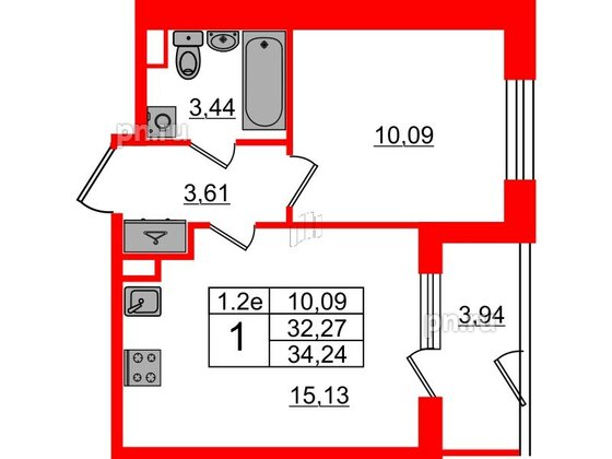 Квартира в ЖК 'Парадный ансамбль', 1 комнатная, 32.27 м², 1 этаж