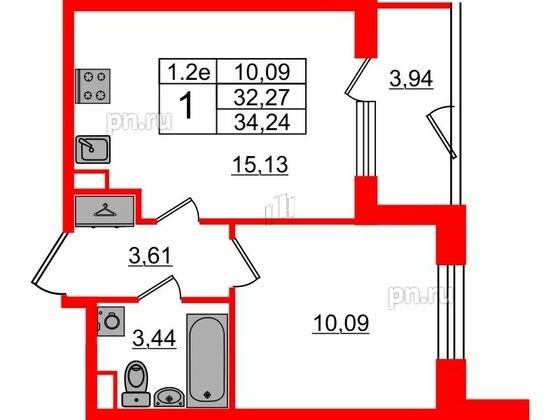 Квартира в ЖК «Парадный ансамбль», 1 комнатная, 32.27 м², 1 этаж