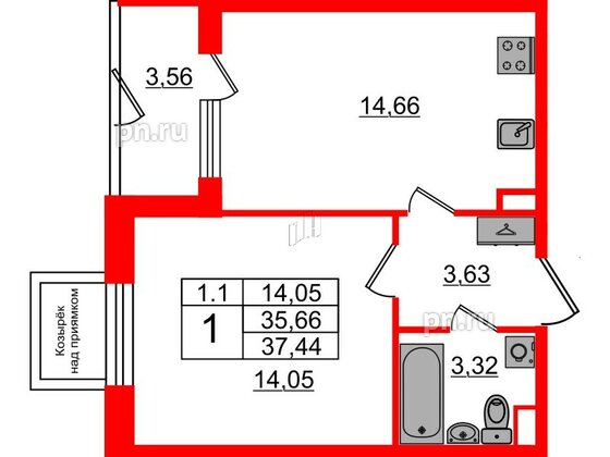 Квартира в ЖК «Парадный ансамбль», 1 комнатная, 35.66 м², 1 этаж