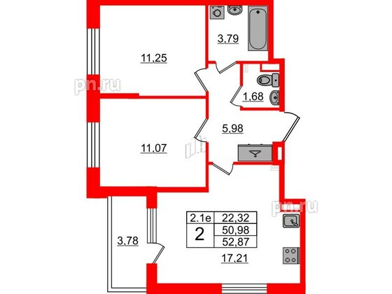 Квартира в ЖК «Парадный ансамбль», 2 комнатная, 50.98 м², 2 этаж