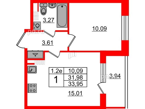Квартира в ЖК «Парадный ансамбль», 1 комнатная, 31.98 м², 5 этаж