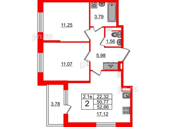 Квартира в ЖК «Парадный ансамбль», 2 комнатная, 50.77 м², 4 этаж