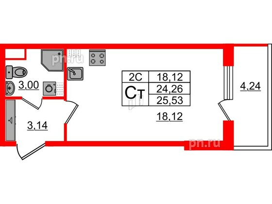 Квартира в ЖК «Парадный ансамбль», студия, 24.26 м², 4 этаж