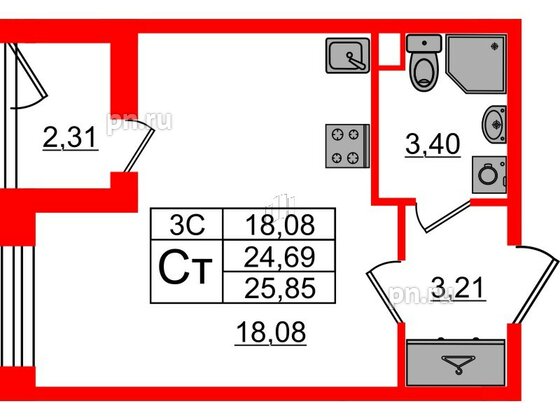 Квартира в ЖК 'Парадный ансамбль', студия, 24.69 м², 1 этаж