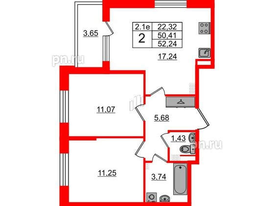 Квартира в ЖК 'Парадный ансамбль', 2 комнатная, 50.41 м², 5 этаж