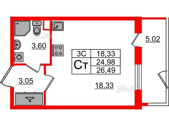 Квартира в ЖК «Парадный ансамбль», студия, 24.98 м², 1 этаж