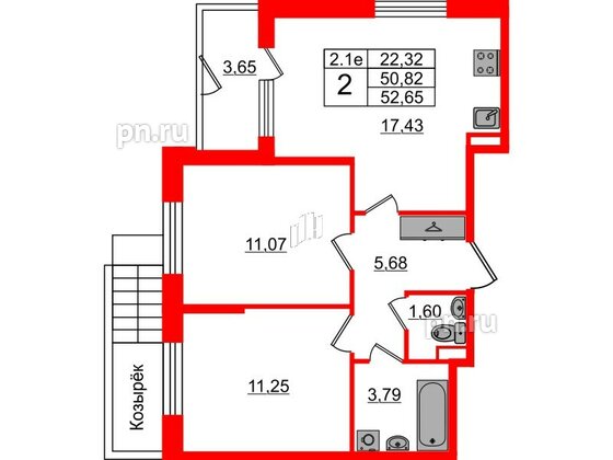 Квартира в ЖК 'Парадный ансамбль', 2 комнатная, 50.82 м², 1 этаж