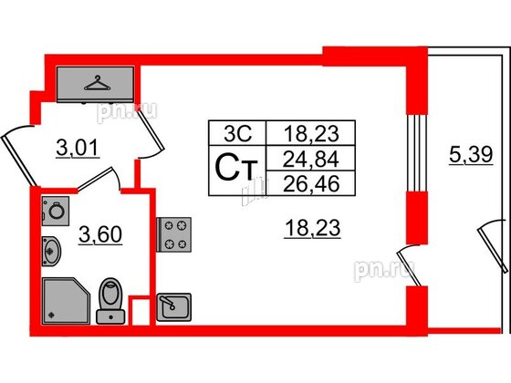 Квартира в ЖК 'Парадный ансамбль', студия, 24.84 м², 1 этаж