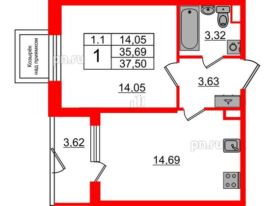 Квартира в ЖК «Парадный ансамбль», 1 комнатная, 35.69 м², 1 этаж