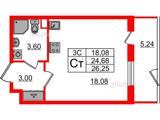 Квартира в ЖК «Парадный ансамбль», студия, 24.68 м², 1 этаж