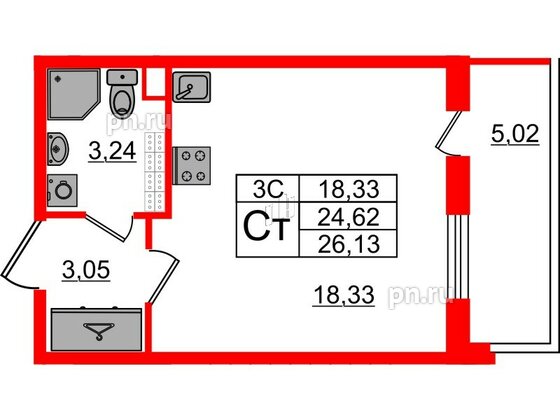 Квартира в ЖК «Парадный ансамбль», студия, 24.62 м², 5 этаж