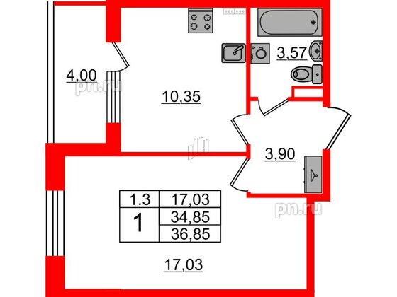 Квартира в ЖК «Парадный ансамбль», 1 комнатная, 34.85 м², 2 этаж