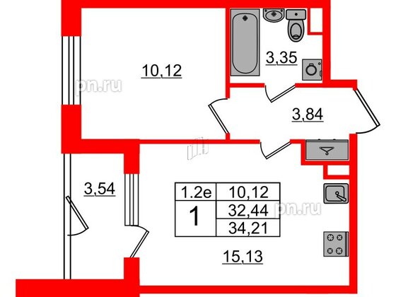 Квартира в ЖК «Парадный ансамбль», 1 комнатная, 32.44 м², 1 этаж