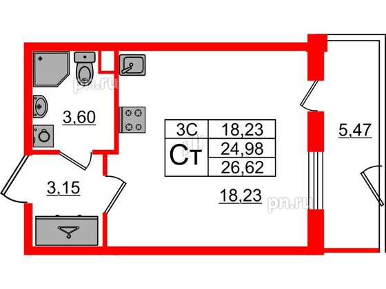 Квартира в ЖК «Парадный ансамбль», студия, 24.98 м², 1 этаж