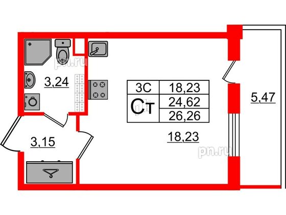 Квартира в ЖК «Парадный ансамбль», студия, 24.62 м², 5 этаж