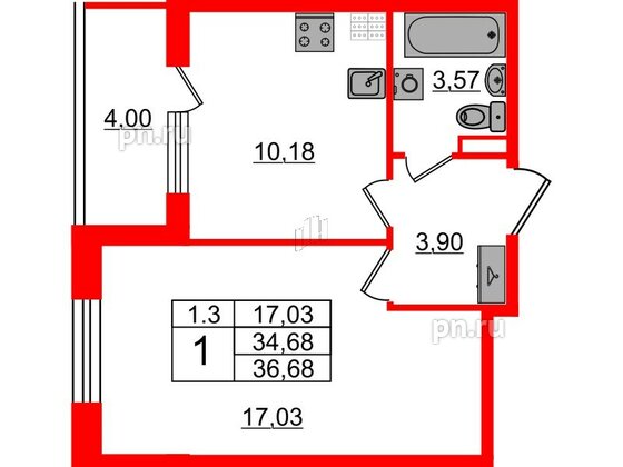 Квартира в ЖК «Парадный ансамбль», 1 комнатная, 34.68 м², 4 этаж