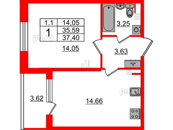 Квартира в ЖК 'Парадный ансамбль', 1 комнатная, 35.59 м², 3 этаж