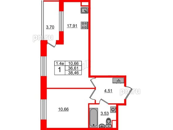Квартира в ЖК «Парадный ансамбль», 1 комнатная, 36.61 м², 2 этаж