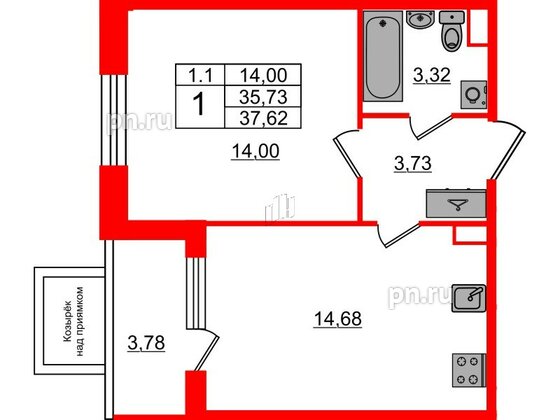 Квартира в ЖК «Парадный ансамбль», 1 комнатная, 35.73 м², 1 этаж