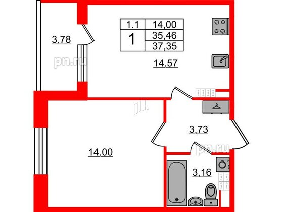 Квартира в ЖК «Парадный ансамбль», 1 комнатная, 35.46 м², 5 этаж