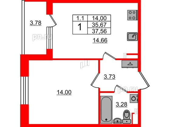 Квартира в ЖК «Парадный ансамбль», 1 комнатная, 35.67 м², 2 этаж