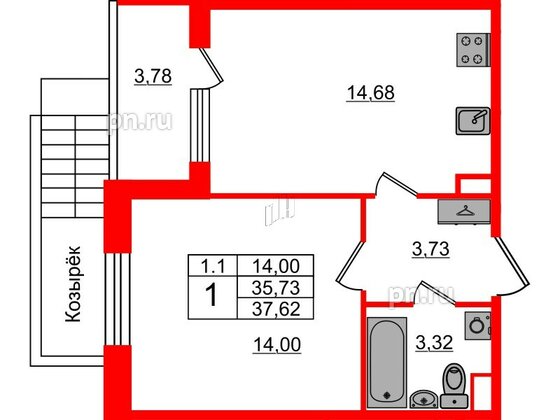 Квартира в ЖК «Парадный ансамбль», 1 комнатная, 35.73 м², 1 этаж