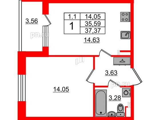 Квартира в ЖК «Парадный ансамбль», 1 комнатная, 35.59 м², 2 этаж
