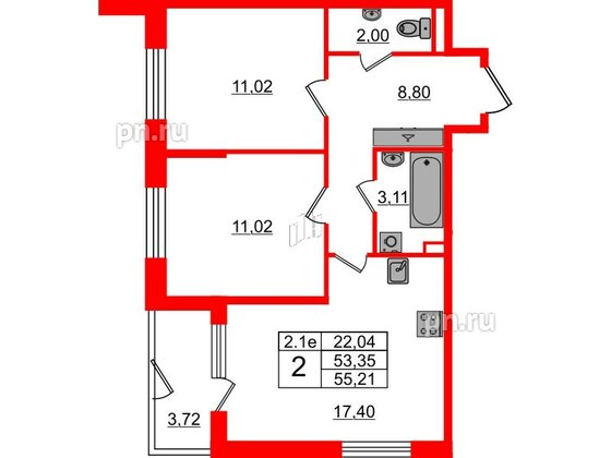 Квартира в ЖК 'Парадный ансамбль', 2 комнатная, 53.35 м², 1 этаж