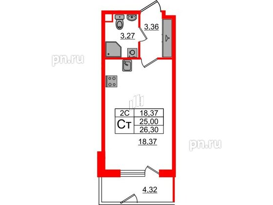 Квартира в ЖК «Парадный ансамбль», студия, 25 м², 1 этаж