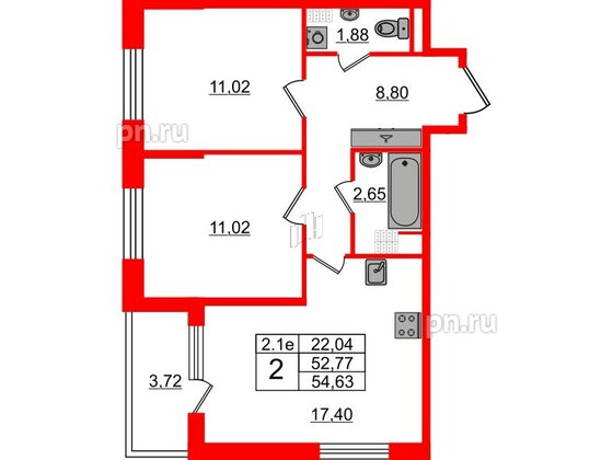 Квартира в ЖК 'Парадный ансамбль', 2 комнатная, 52.77 м², 5 этаж