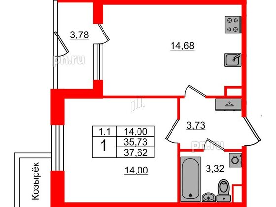 Квартира в ЖК «Парадный ансамбль», 1 комнатная, 35.73 м², 1 этаж