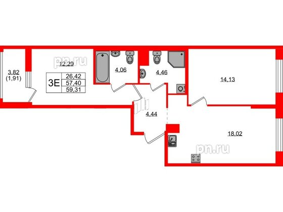 Квартира в ЖК UP-квартал Новый Московский, 2 комнатная, 59.31 м², 2 этаж