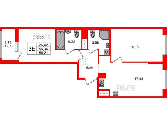 Квартира в ЖК UP-квартал Новый Московский, 2 комнатная, 58.21 м², 3 этаж