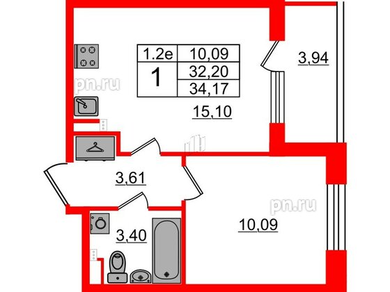 Квартира в ЖК 'Парадный ансамбль', 1 комнатная, 32.2 м², 2 этаж