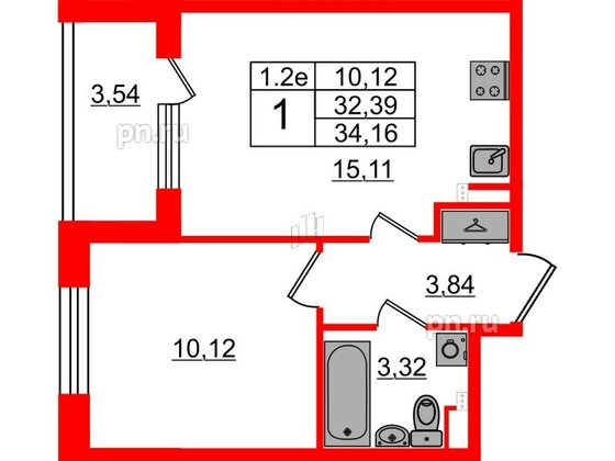 Квартира в ЖК «Парадный ансамбль», 1 комнатная, 32.39 м², 2 этаж