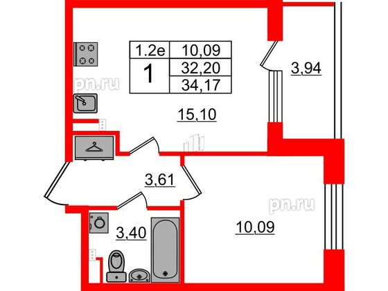 Квартира в ЖК 'Парадный ансамбль', 1 комнатная, 32.2 м², 2 этаж