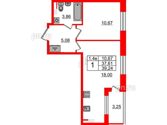 Квартира в ЖК 'Парадный ансамбль', 1 комнатная, 37.61 м², 5 этаж