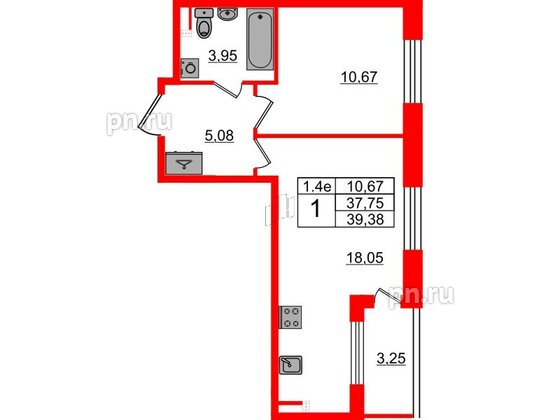 Квартира в ЖК «Парадный ансамбль», 1 комнатная, 37.75 м², 3 этаж