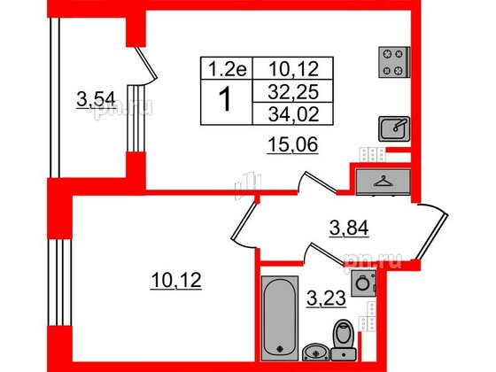 Квартира в ЖК 'Парадный ансамбль', 1 комнатная, 32.25 м², 4 этаж