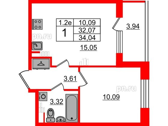 Квартира в ЖК «Парадный ансамбль», 1 комнатная, 32.07 м², 4 этаж