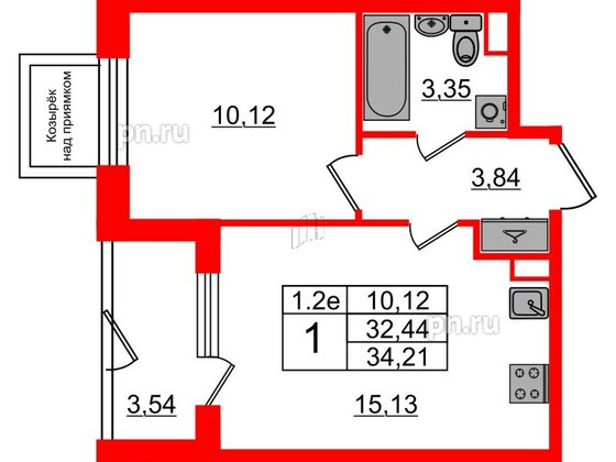 Квартира в ЖК 'Парадный ансамбль', 1 комнатная, 32.44 м², 1 этаж