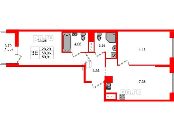 Квартира в ЖК UP-квартал Новый Московский, 2 комнатная, 59.91 м², 9 этаж