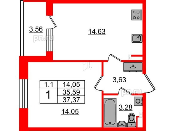 Квартира в ЖК «Парадный ансамбль», 1 комнатная, 35.59 м², 2 этаж