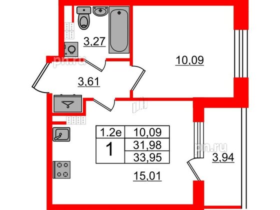 Квартира в ЖК «Парадный ансамбль», 1 комнатная, 31.98 м², 5 этаж