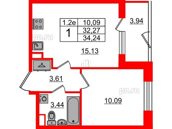 Квартира в ЖК 'Парадный ансамбль', 1 комнатная, 32.27 м², 1 этаж